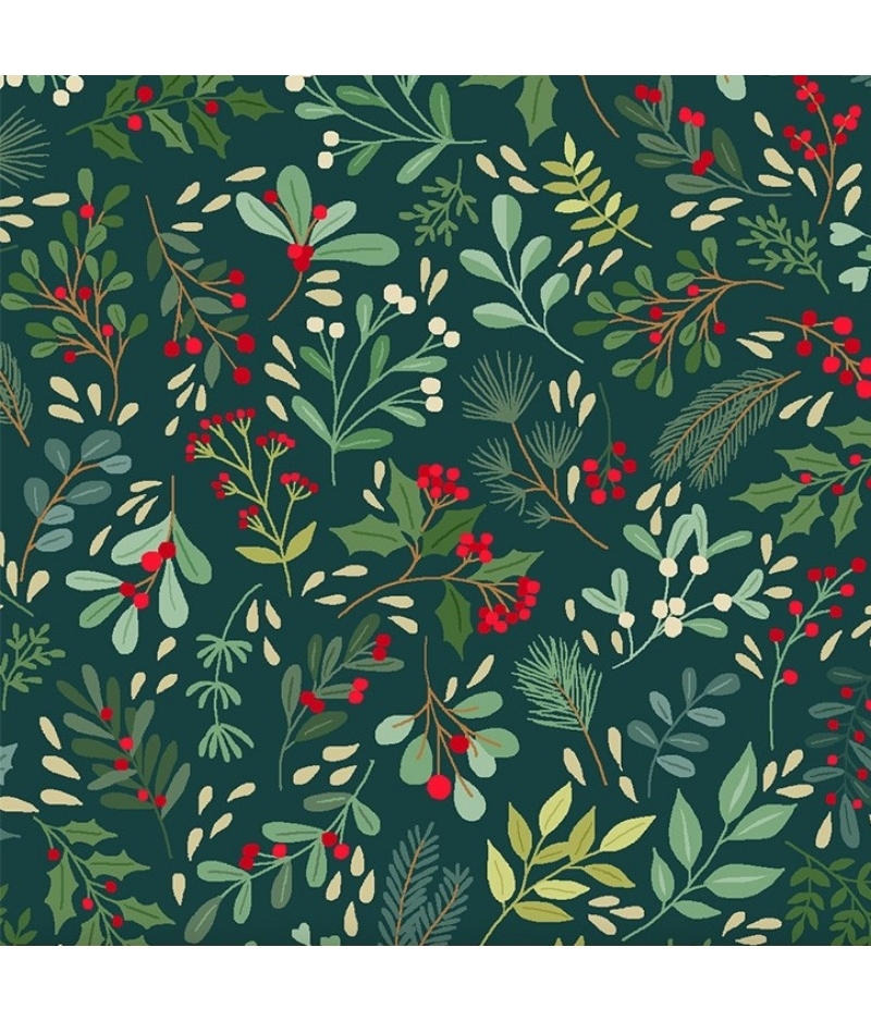 Tela Makower Enchanted Yuletide Foliage Metallic 030_G8 Dark Green